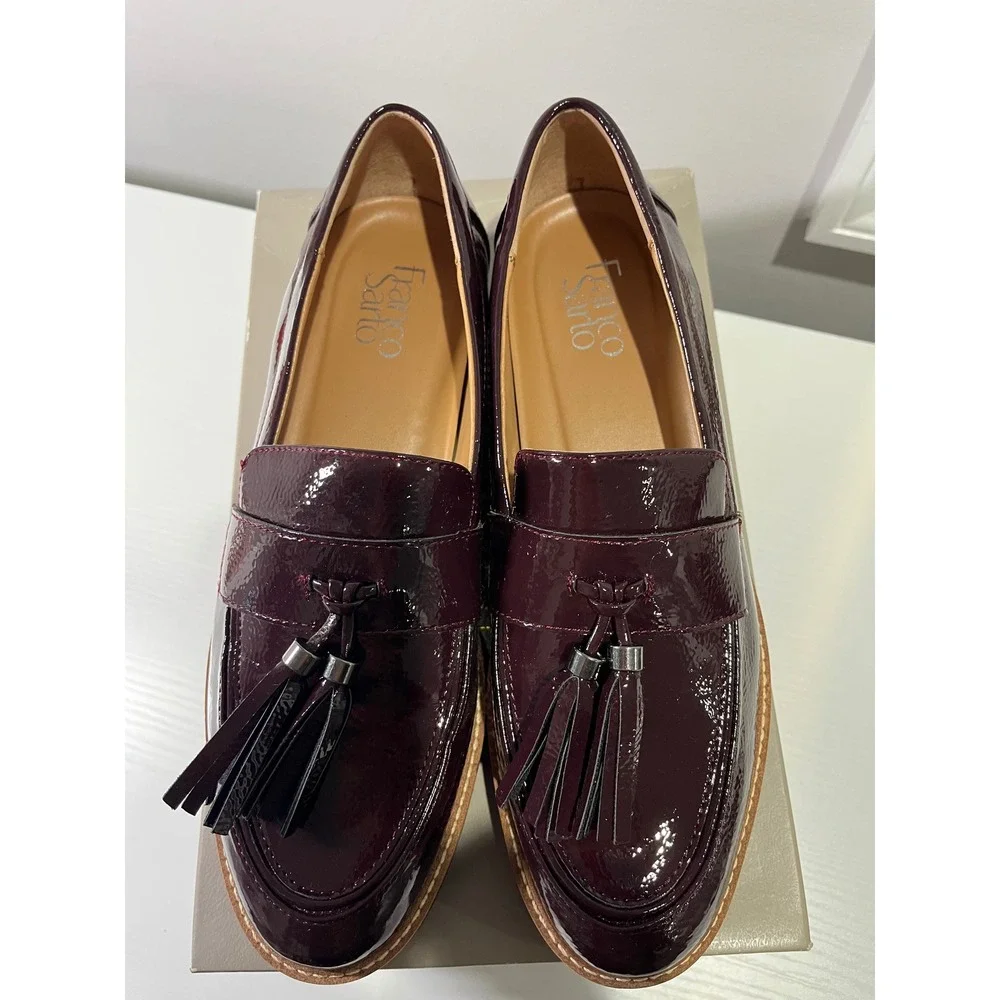 Franco Sarto Carney Burgundy Patent Tassel Lug Sole Loafers Womens 9.5 M